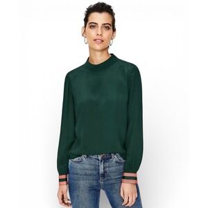 Boden Louise Mock Neck Blouse Forest Green Striped Cuffs womens 6 Long Sleeve